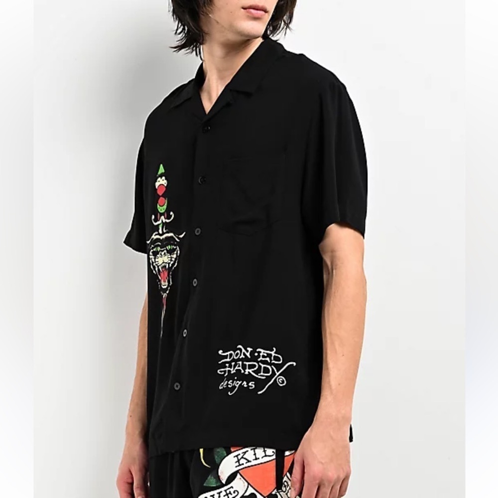 Ed Hardy Love Kills Slowly Woven Black Short Sleeve Button Up Camp Shirt XL